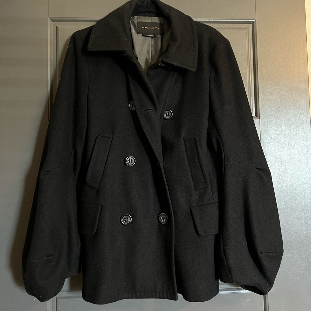 BCBGMaxAzria black wool bubble-sleeve double-breasted pea coat